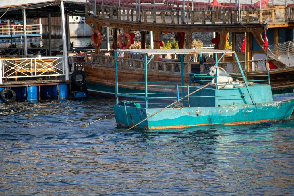 Scenic view of boats on the Euphrates River in Halfeti, Turkey, showcasing vibrant colors and local life.