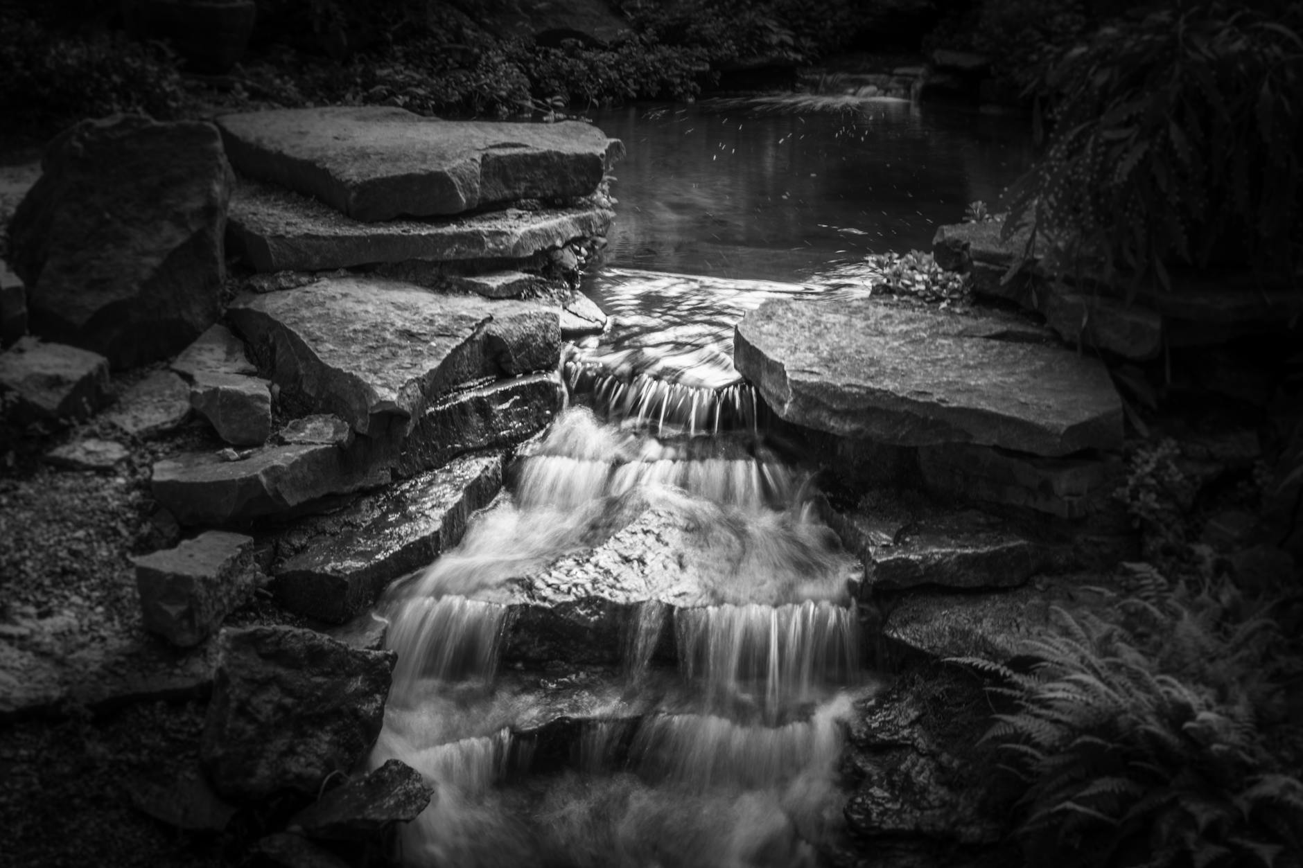 Beautiful grayscale long exposure of a natural waterfall surrounded by rocks and foliage.